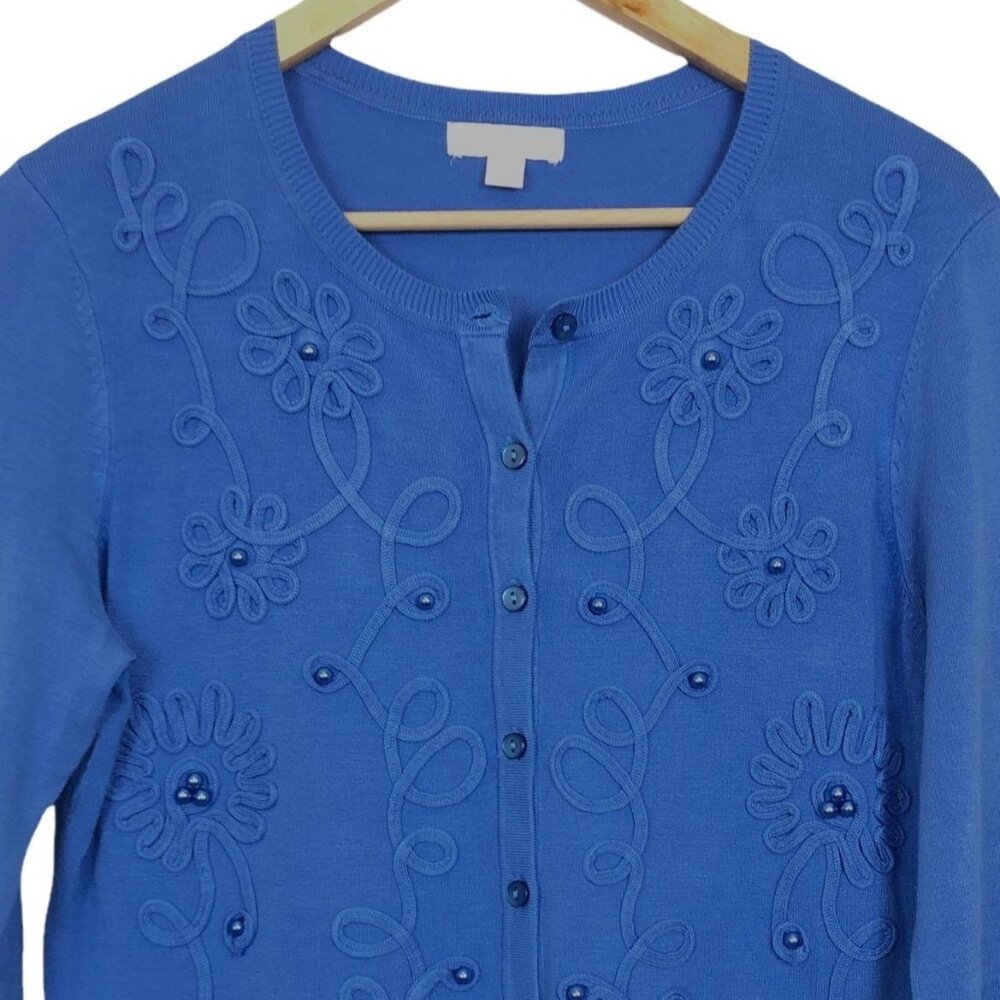 Charter Club Vtg Y2K Knit Cardigan Sweater Small Soutache Trim Baubles Blue